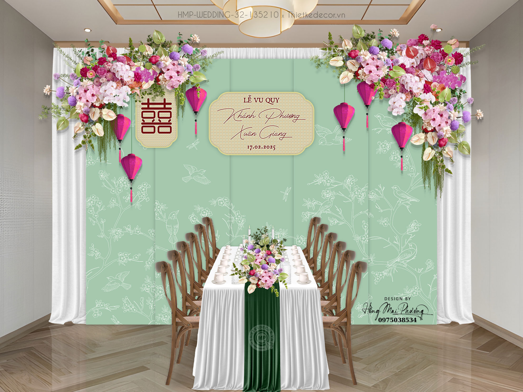 Gia tiên tone xanh lá họa tiết chim cành